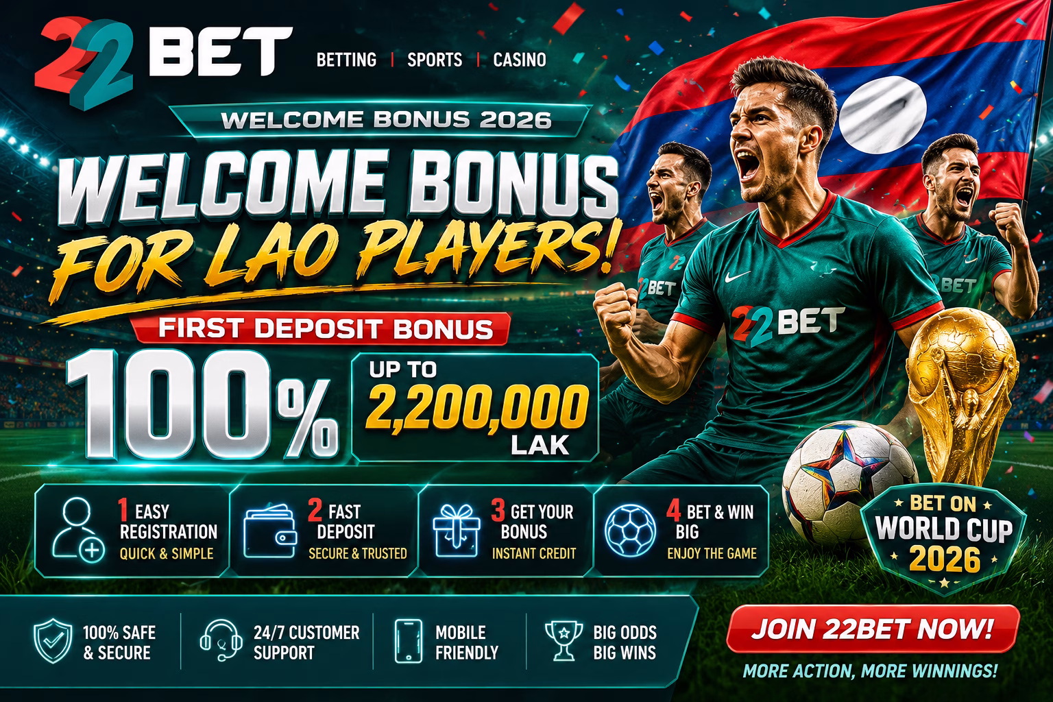 🎁 22Bet Laos Welcome Bonus 2026 | ໂບນັດຝາກເງິນຄັ້ງທຳອິດສຳລັບນັກພະນັນລາວ